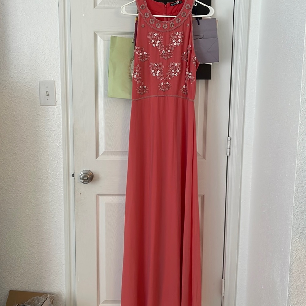 Peachy pink beautiful floor length gown with beaded embellishments